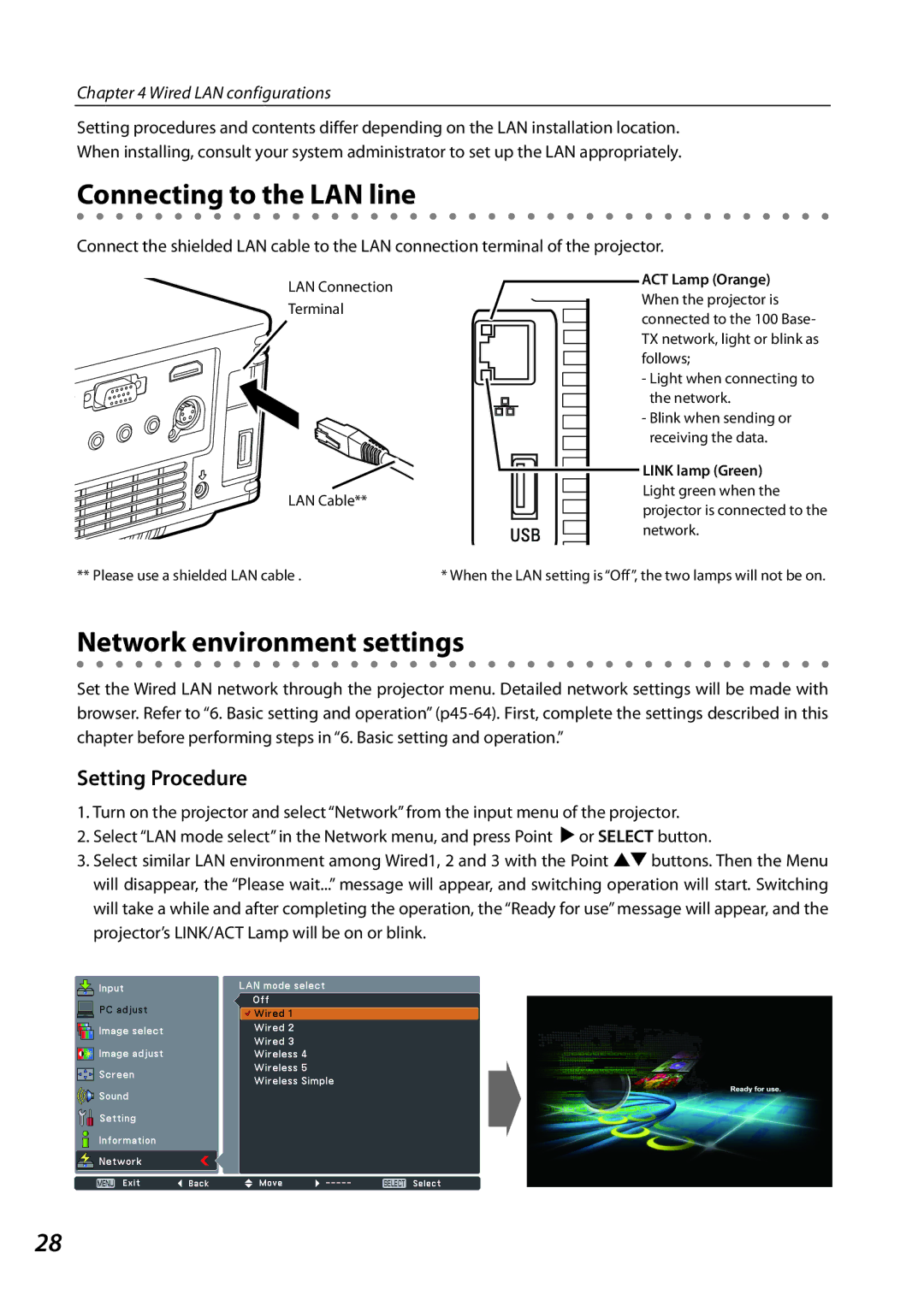 Sanyo 1AV4U19B25500 owner manual Connecting to the LAN line, Network environment settings 