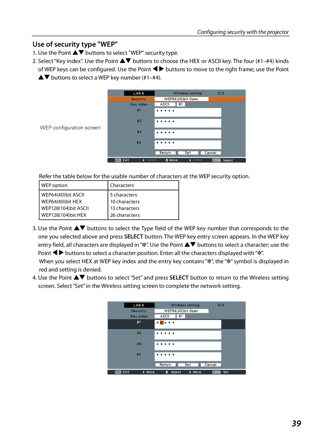 Sanyo 1AV4U19B25500 owner manual Use of security type WEP 