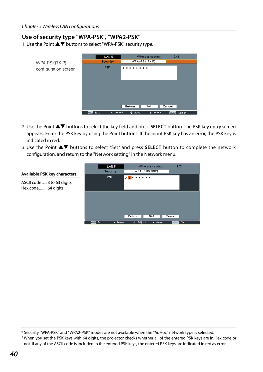 Sanyo 1AV4U19B25500 Use the Point ed buttons to select WPA-PSK security type, Available PSK key characters, Digits 