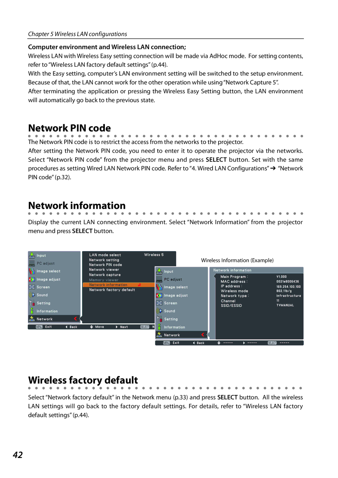 Sanyo 1AV4U19B25500 owner manual Wireless factory default, Computer environment and Wireless LAN connection 