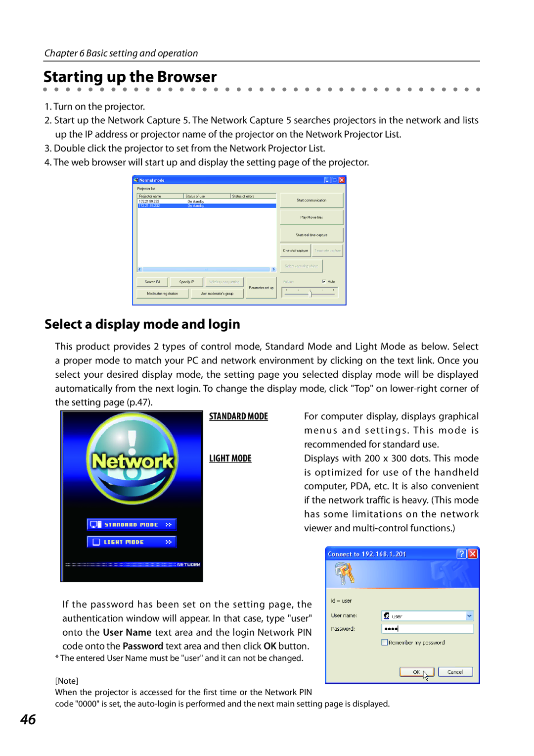 Sanyo 1AV4U19B25500 owner manual Starting up the Browser, Select a display mode and login 