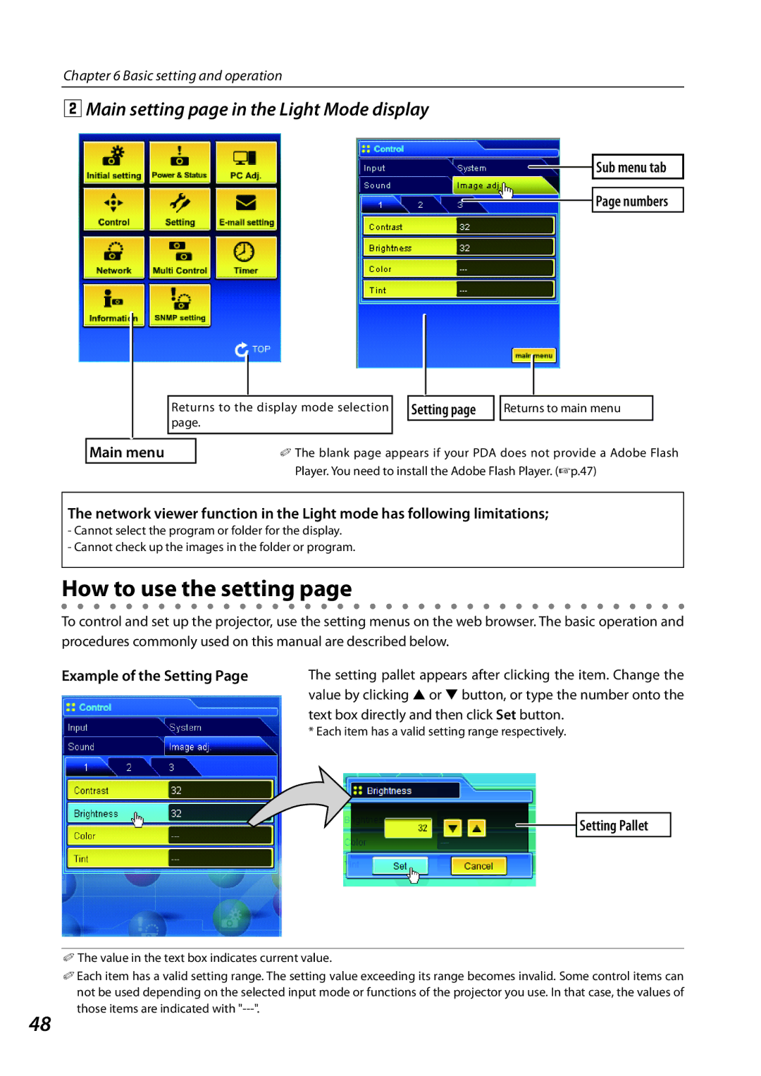 Sanyo 1AV4U19B25500 owner manual How to use the setting, Main setting page in the Light Mode display, Sub menu tab Numbers 