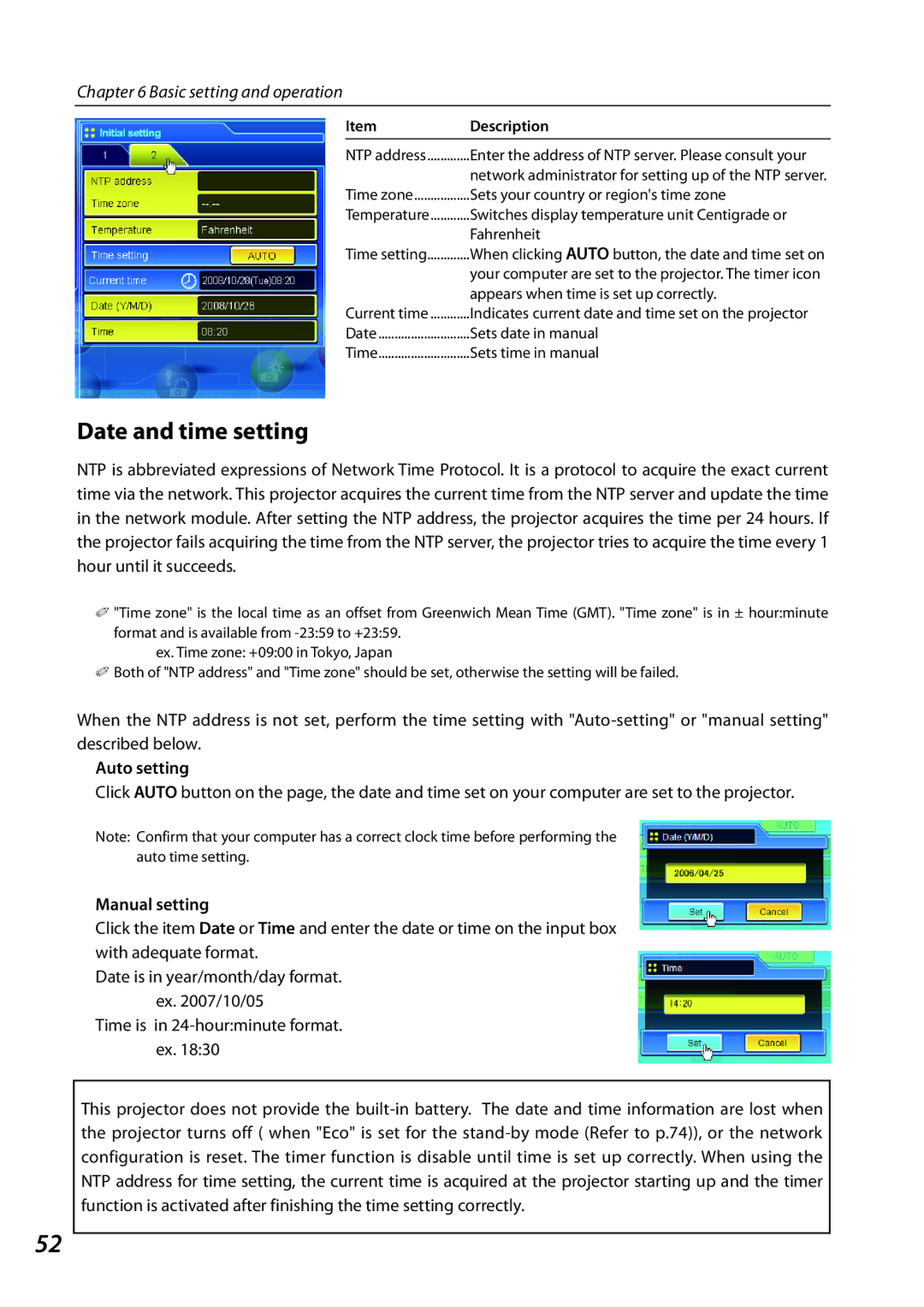 Sanyo 1AV4U19B25500 owner manual Date and time setting, Auto setting, Manual setting 