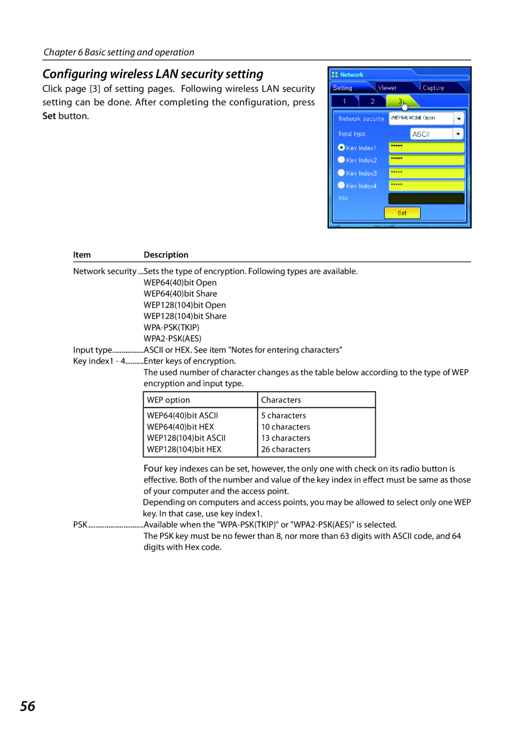 Sanyo 1AV4U19B25500 owner manual Configuring wireless LAN security setting, ItemDescription 