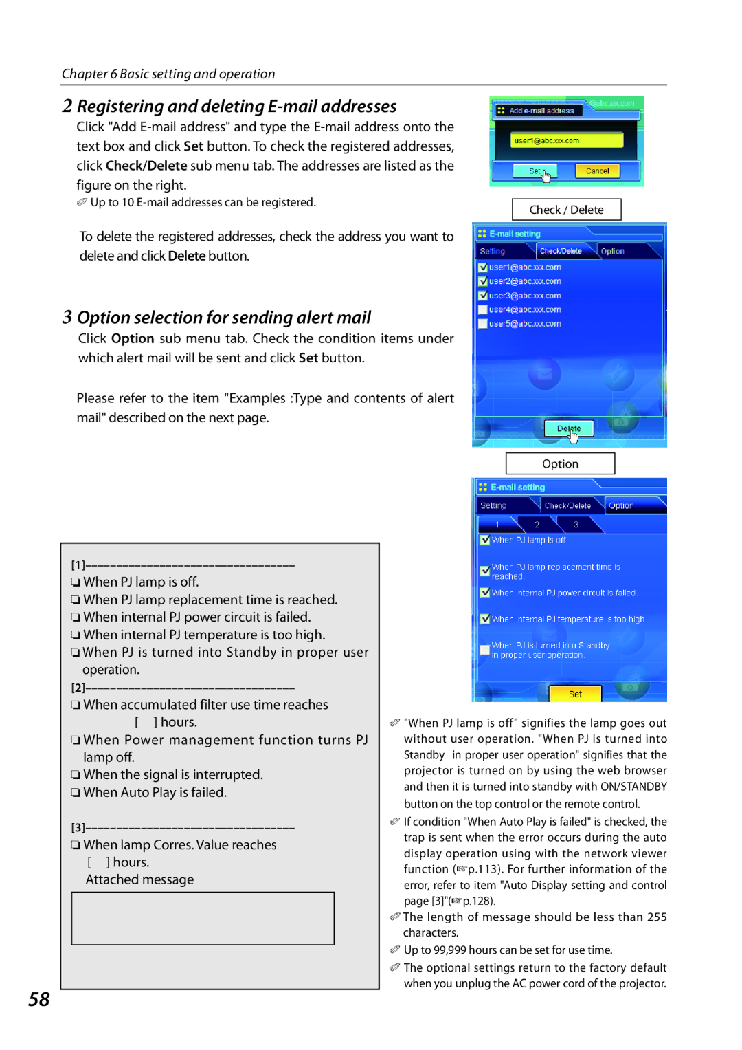 Sanyo 1AV4U19B25500 owner manual Registering and deleting E-mail addresses, Option selection for sending alert mail 