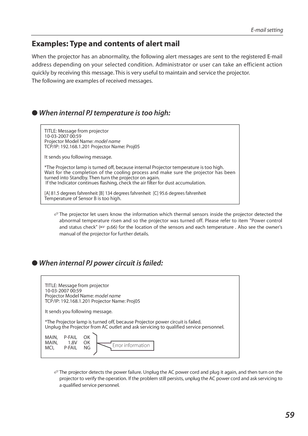 Sanyo 1AV4U19B25500 owner manual Examples Type and contents of alert mail 