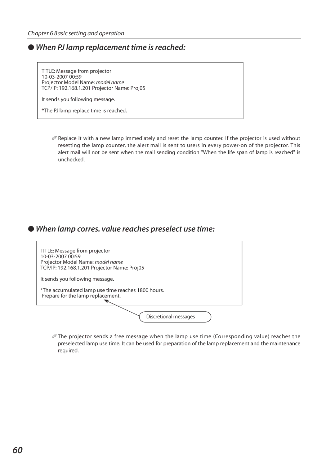 Sanyo 1AV4U19B25500 When PJ lamp replacement time is reached, When lamp corres. value reaches preselect use time 