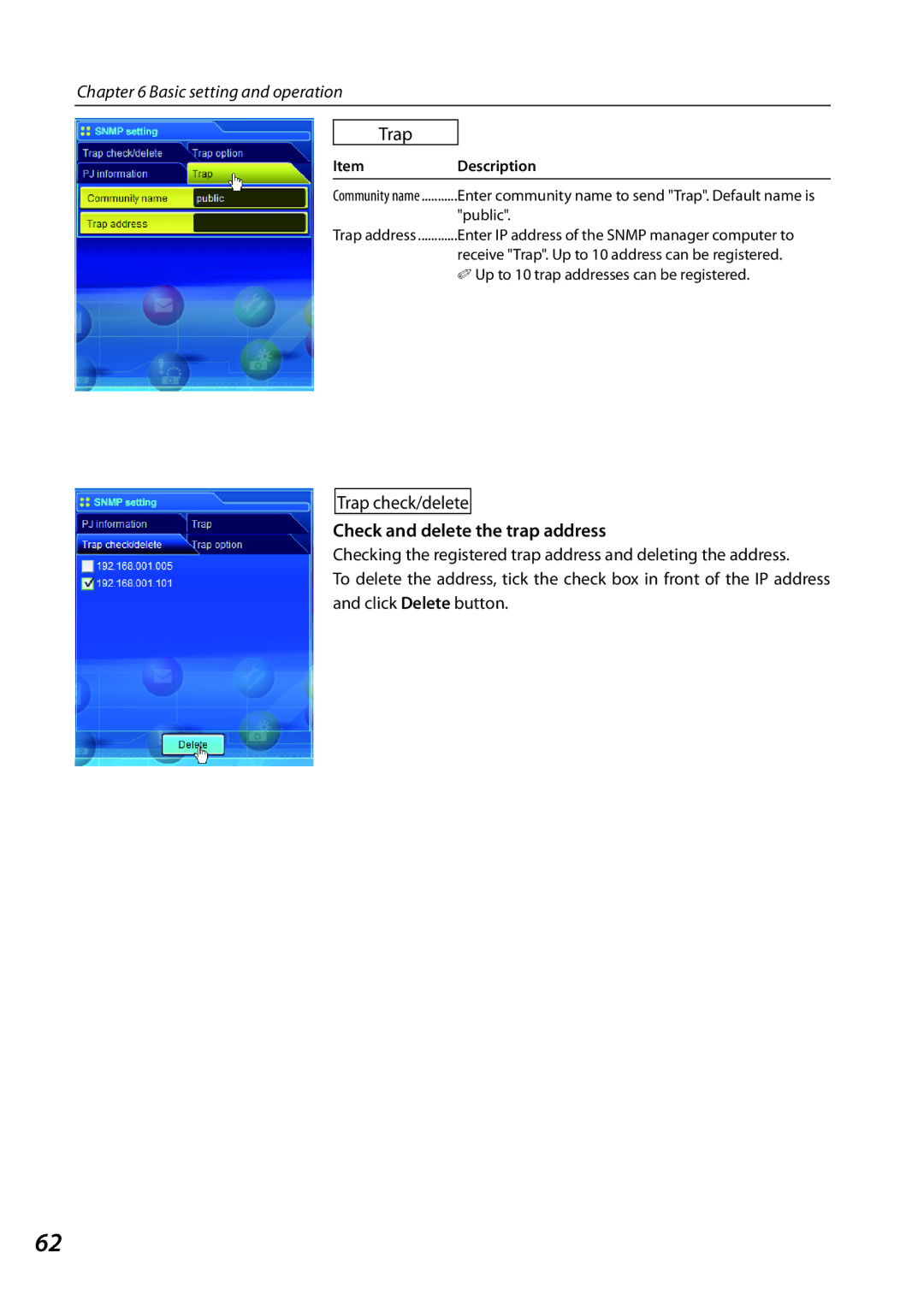 Sanyo 1AV4U19B25500 owner manual Trap check/delete, Check and delete the trap address, Public 