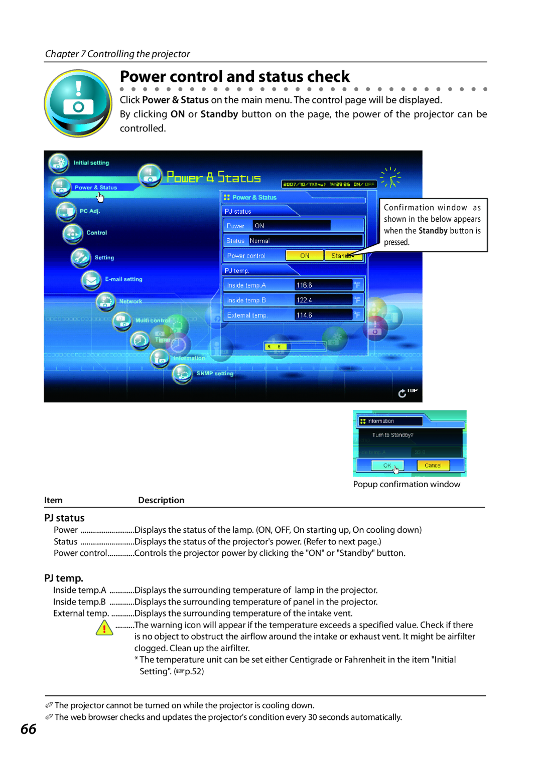 Sanyo 1AV4U19B25500 owner manual Power control and status check, PJ status, PJ temp 