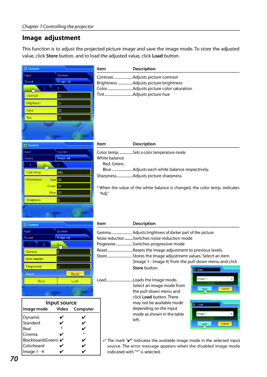 Sanyo 1AV4U19B25500 owner manual Image adjustment, Image mode Video Computer 