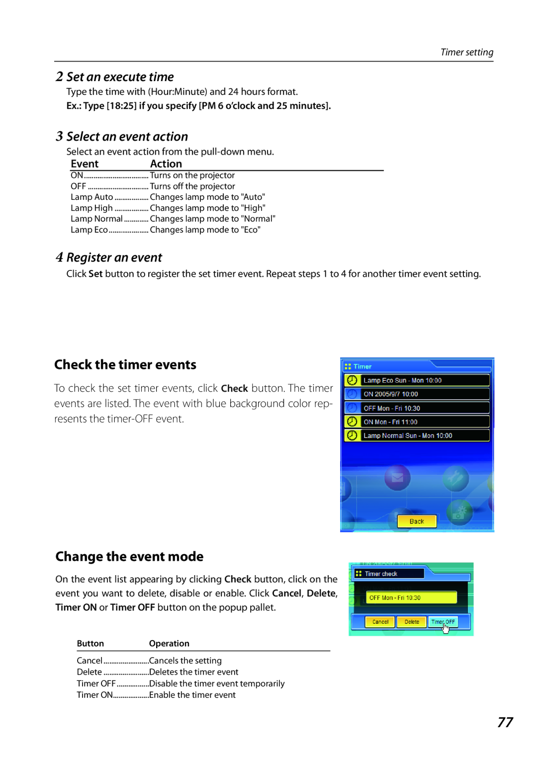 Sanyo 1AV4U19B25500 owner manual Check the timer events, Change the event mode, Set an execute time, Select an event action 