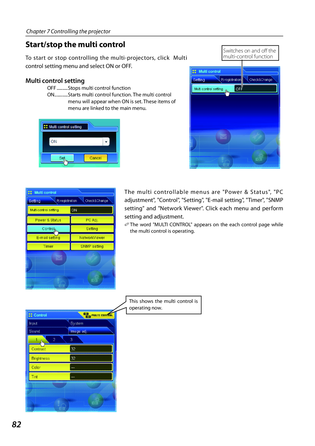 Sanyo 1AV4U19B25500 Start/stop the multi control, Stops multi control function, Menu are linked to the main menu 