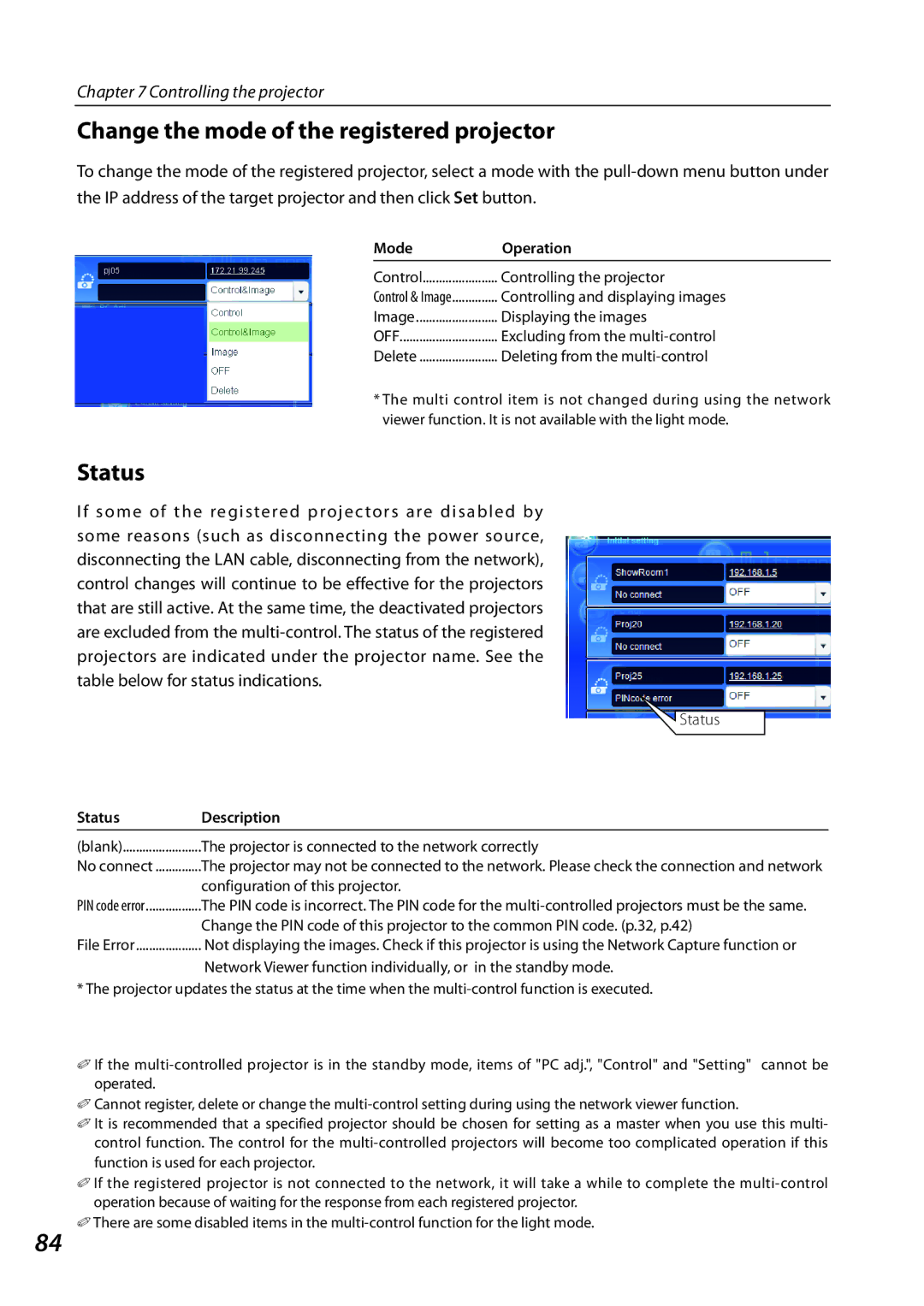 Sanyo 1AV4U19B25500 owner manual Change the mode of the registered projector, Status, Mode Operation 