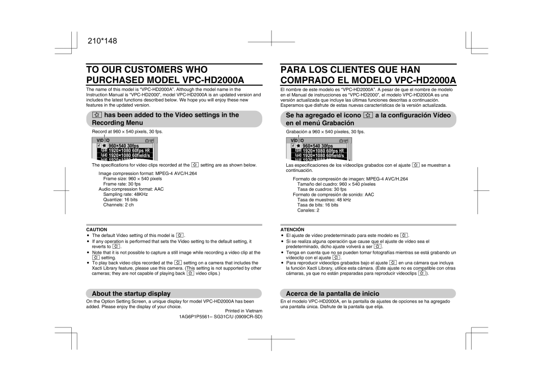 Sanyo 210*148 instruction manual To OUR Customers WHO Purchased Model VPC-HD2000A, Atención 