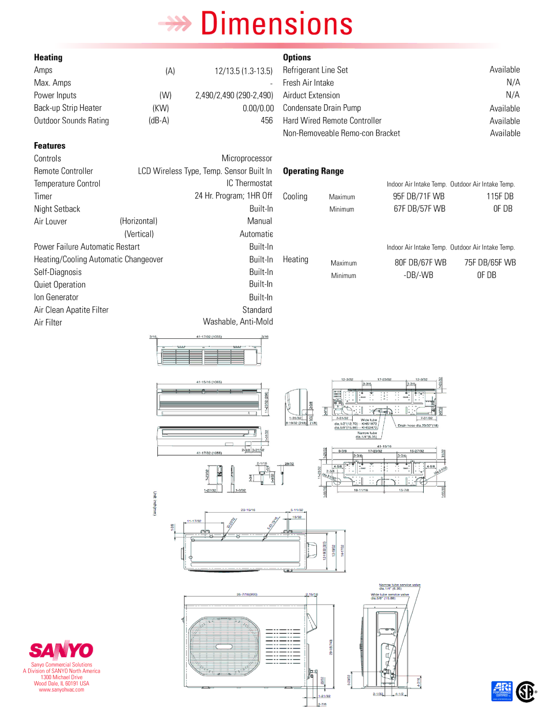 Sanyo 24KHS72 dimensions Heating Options, Features, Operating Range, 0F DB 