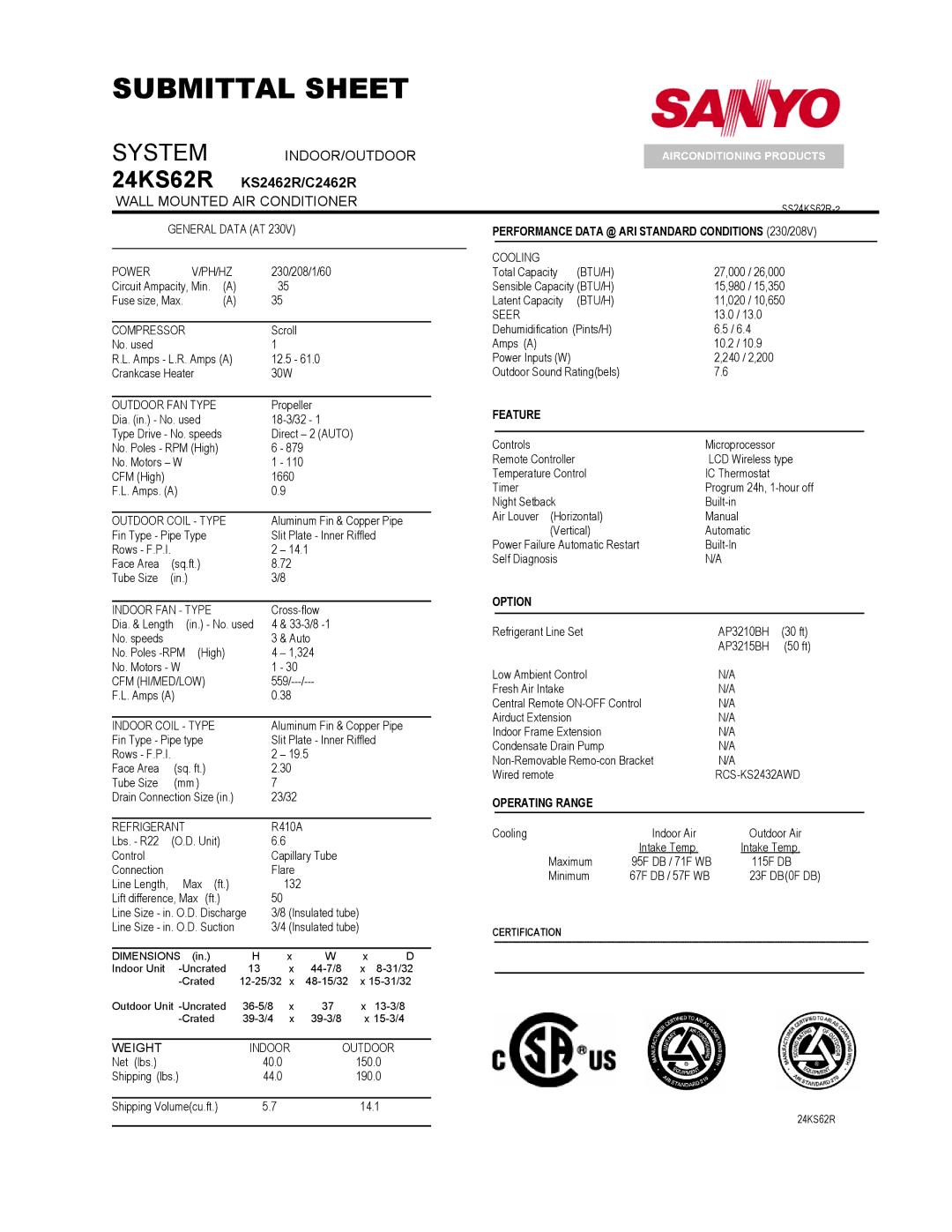 Sanyo 24KS62R dimensions KS2462R/C2462R, Wall Mounted AIR Conditioner 