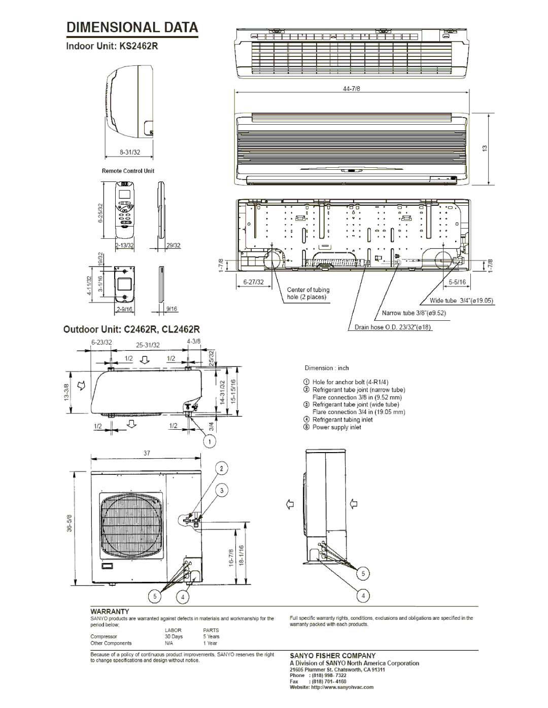 Sanyo 24KS62R dimensions 