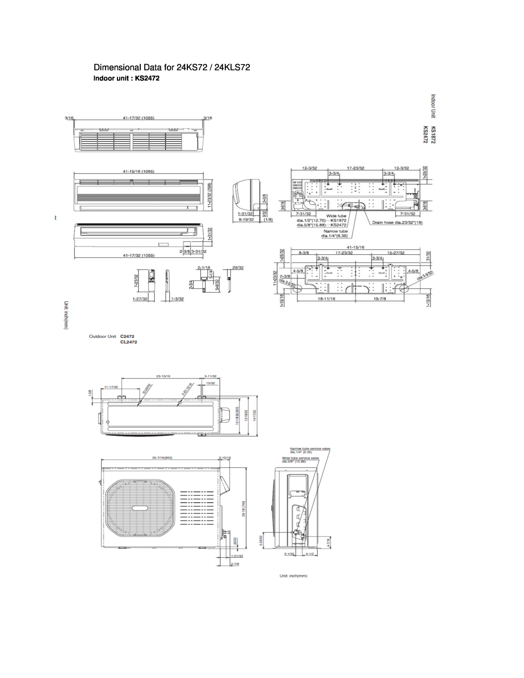 Sanyo manual Dimensional Data for 24KS72 / 24KLS72, Indoor unit KS2472 