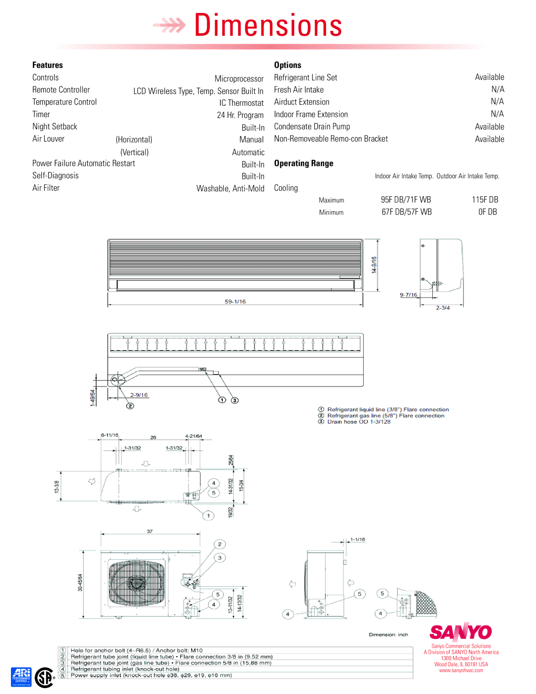 Sanyo KHS2672R, 26KS72R, C2672R dimensions Features Options, Operating Range, 0F DB 