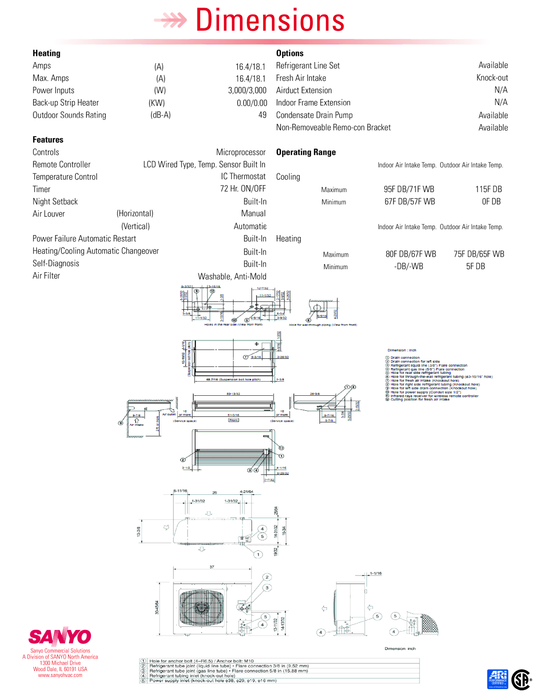 Sanyo 26THW72R dimensions Heating Options, Features, Operating Range, 0F DB, 5F DB 