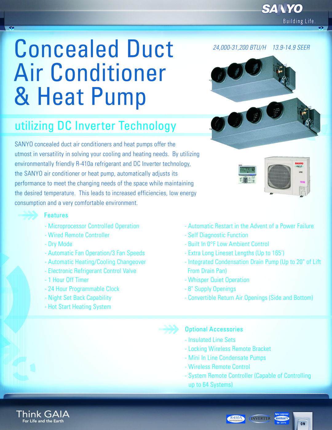 Sanyo 26UHW72R manual Concealed Duct Air Conditioner & Heat Pump, utilizing DC Inverter Technology 