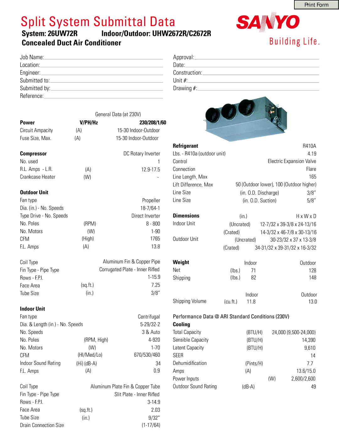 Sanyo 26UW72R dimensions Power PH/Hz 230/208/1/60, Compressor, Outdoor Unit, Indoor Unit, Refrigerant, Dimensions, Weight 