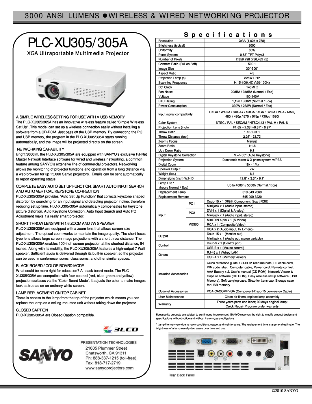 Sanyo specifications PLC-XU305/305A, S p e c i f i c a t i o n s, XGA Ultraportable Multimedia Projector 