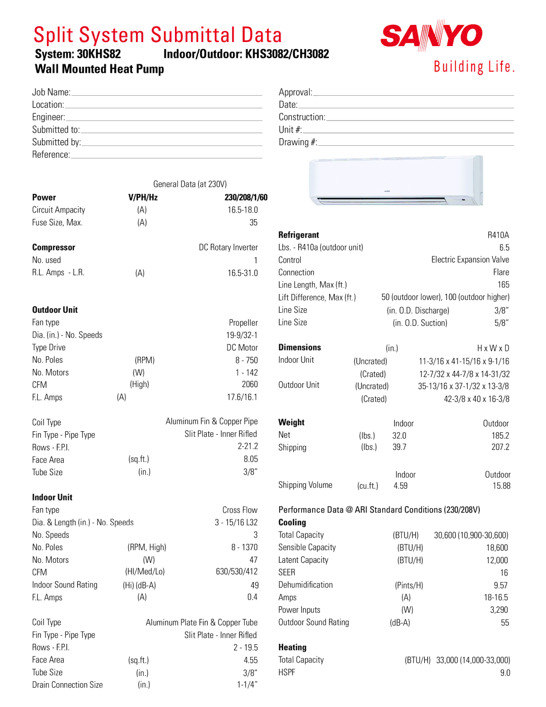 Sanyo 30KHS82 dimensions Power PH/Hz 230/208/1/60, Compressor, Outdoor Unit, Indoor Unit, Refrigerant, Dimensions, Weight 