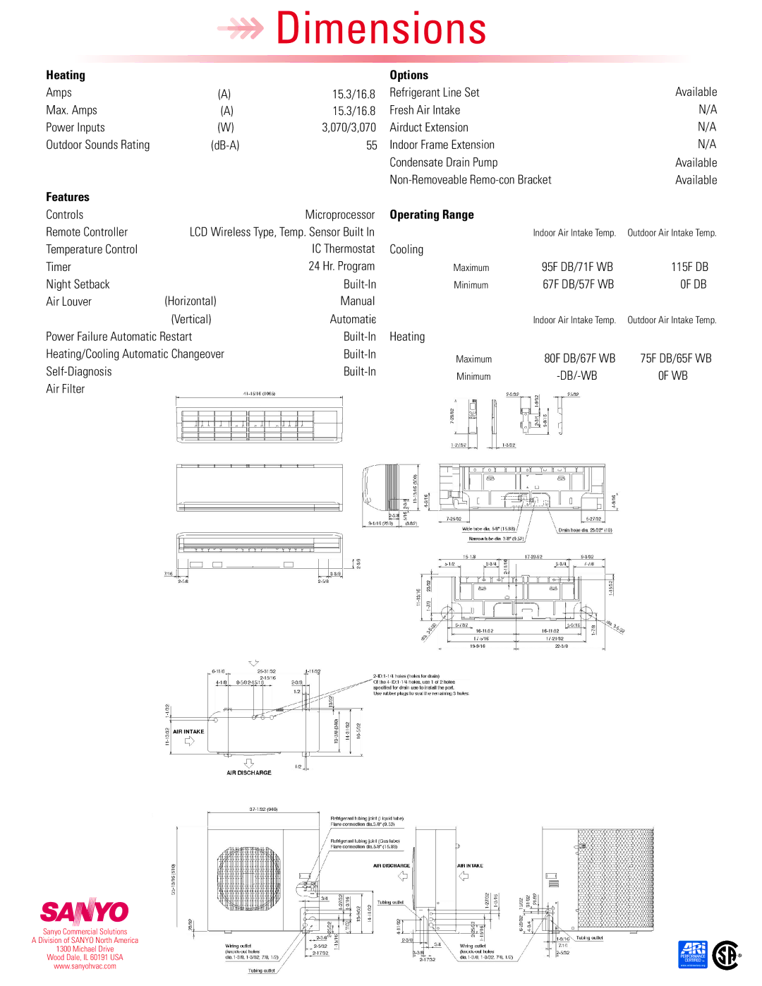 Sanyo 30KHS82 dimensions Heating Options, Features, Operating Range, 0F DB, 0F WB 