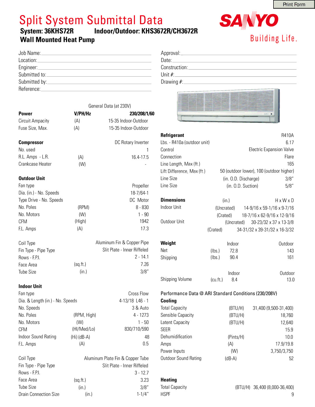 Sanyo 36KHS72R dimensions Power PH/Hz 230/208/1/60, Compressor, Outdoor Unit, Indoor Unit, Refrigerant, Dimensions, Weight 