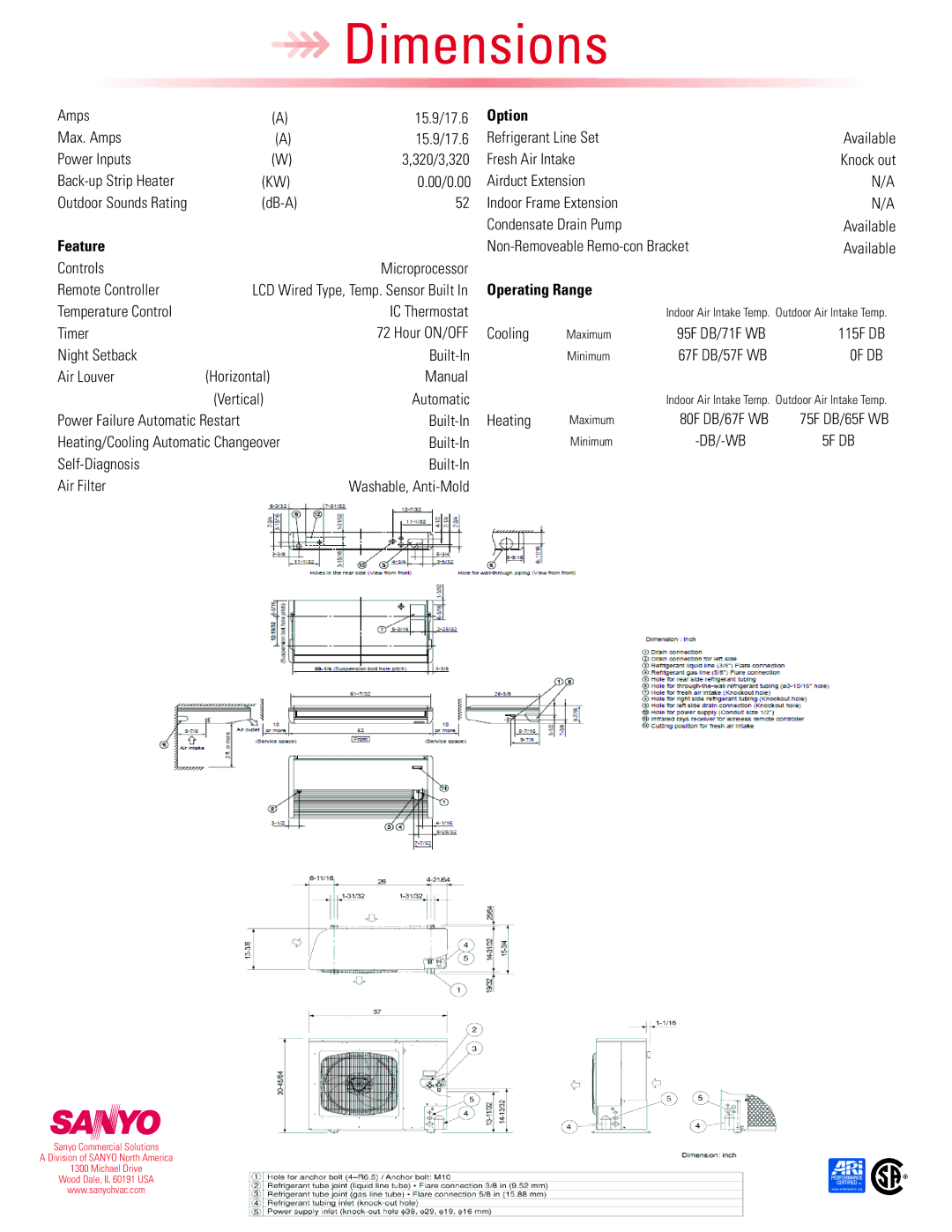 Sanyo 36KHS72R dimensions Option, Feature, Operating Range, 0F DB, 5F DB 