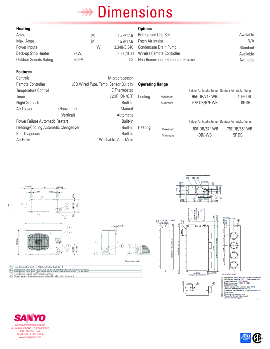 Sanyo 36UHW72R dimensions Heating Options, Features, Operating Range, 0F DB, 5F DB 