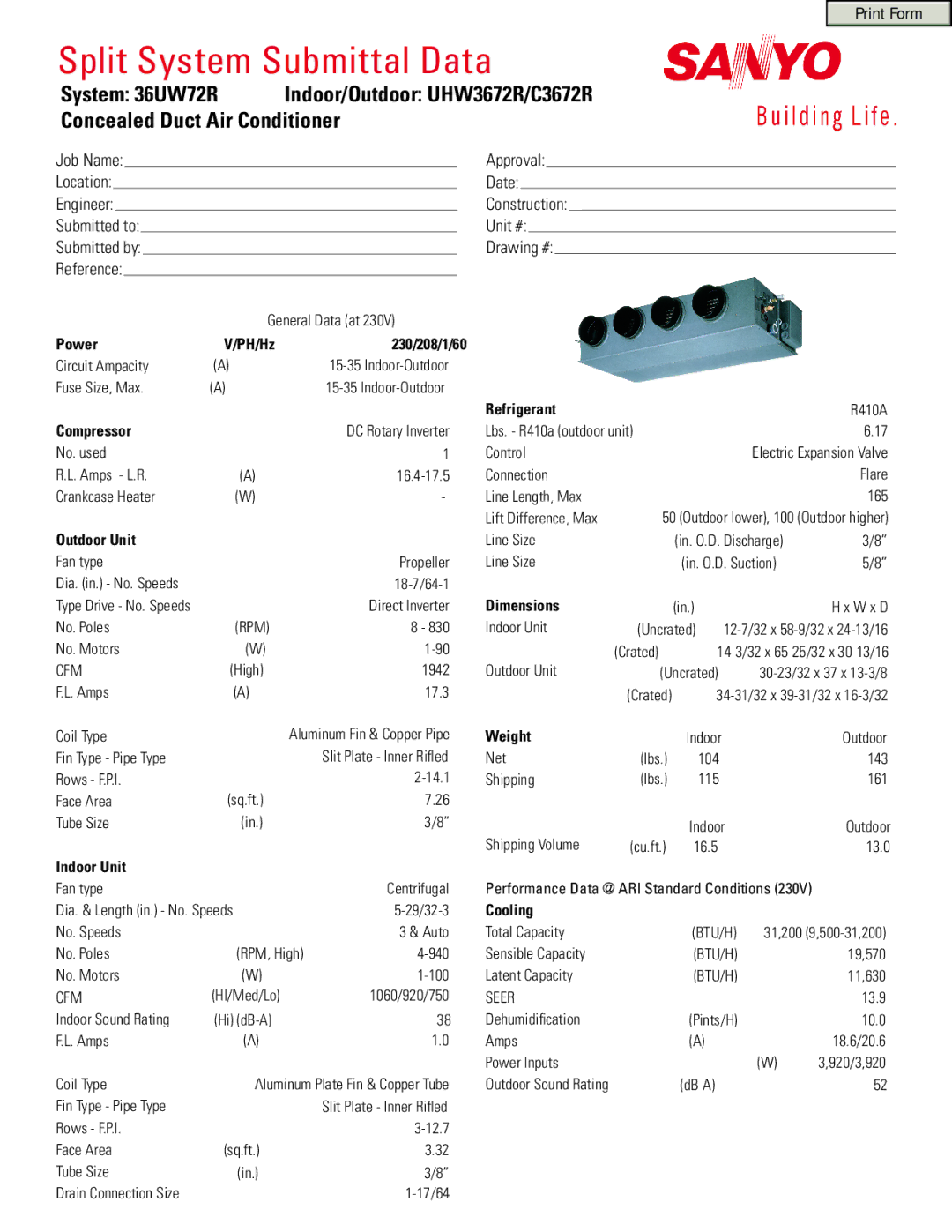 Sanyo 36UW72R dimensions Power PH/Hz 230/208/1/60, Compressor, Outdoor Unit, Refrigerant, Indoor Unit Dimensions, Weight 