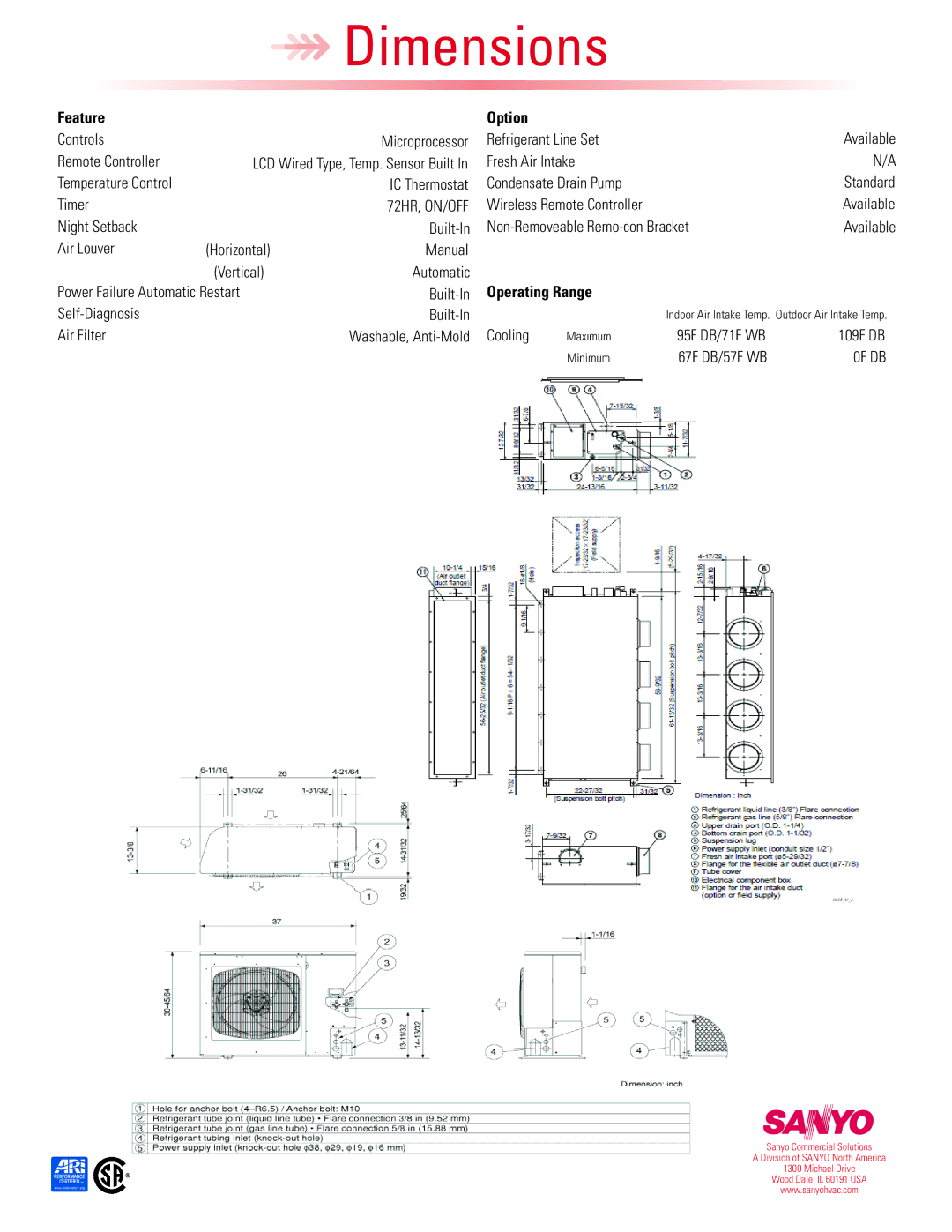 Sanyo 36UW72R dimensions Feature Option, 72HR, ON/OFF, Operating Range 