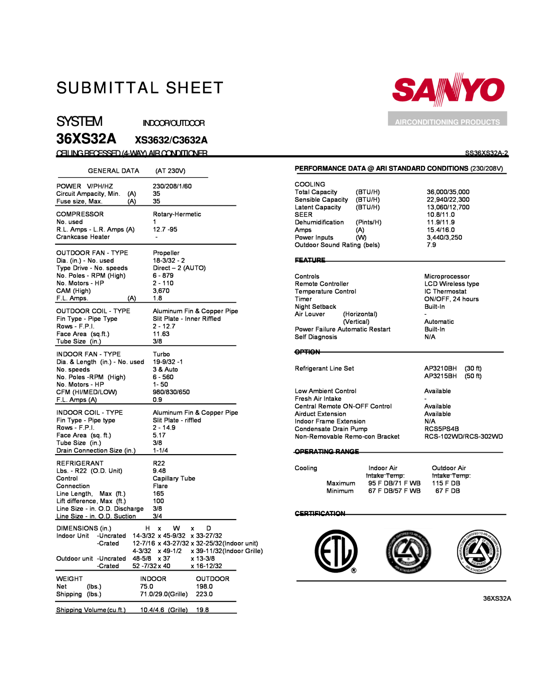 Sanyo 36XS32A dimensions Submittal Sheet, XS3632/C3632A, CEILING RECESSED 4-WAYAIR CONDITIONER, Airconditioning Products 