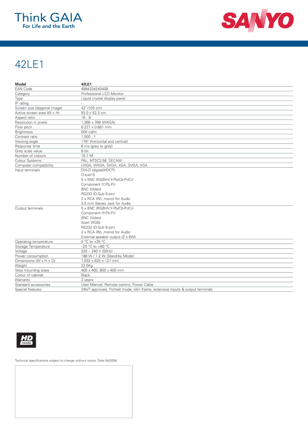 Sanyo dimensions Model 42LE1, PAL, NTSC3.58, Secam, Uxga, Wxga, Sxga, Xga, Svga, Vga 