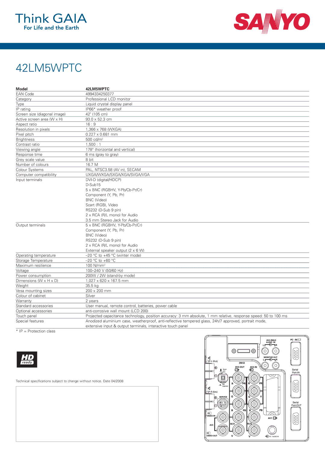 Sanyo 42LM5WPTC dimensions Uxga/Wxga/Sxga/Xga/Svga/Vga 