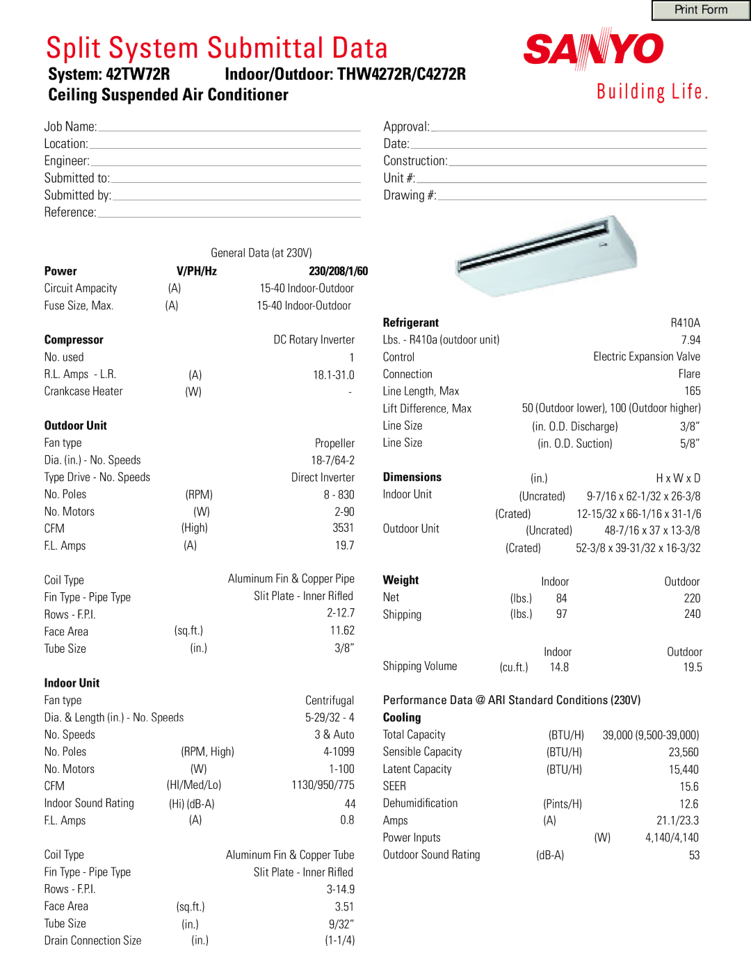 Sanyo 42TW72R dimensions Power PH/Hz 230/208/1/60, Compressor, Outdoor Unit, Refrigerant, Indoor Unit Dimensions, Weight 