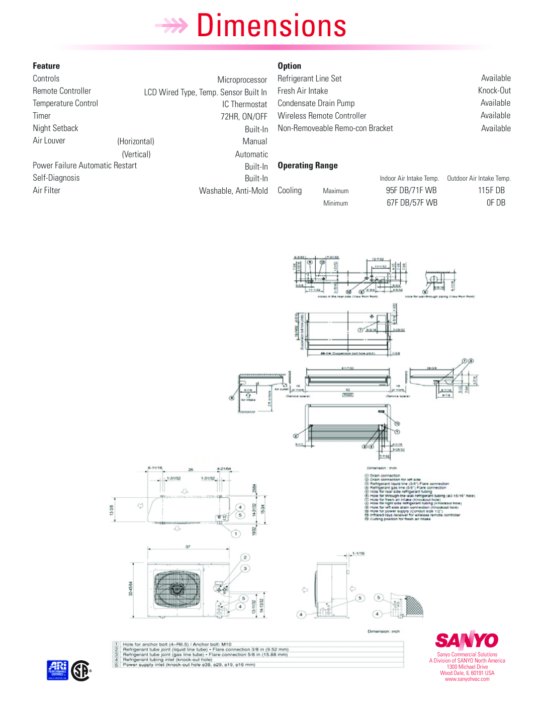 Sanyo 42TW72R dimensions Dimensions, Feature, Option, Operating Range 