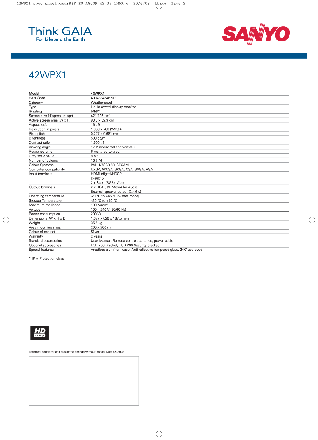 Sanyo manual 42WPX1spec sheet.qxdRSFEUA8009 4232LM5Re 30/6/08 1146 Page, Model 