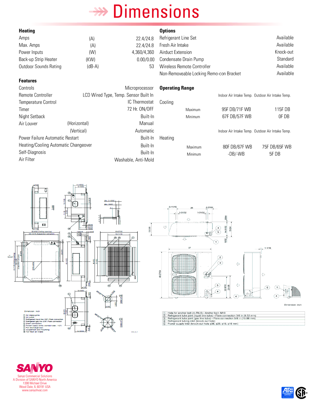 Sanyo 42XHW72R dimensions Heating Options, Features, Operating Range, 0F DB, 5F DB 