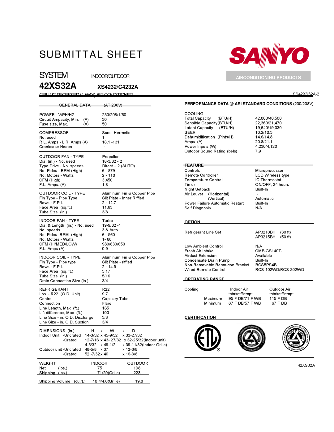 Sanyo 42XS32A, 42XLS32A dimensions Performance Data @ ARI Standard Conditions 230/208V, Feature, Option, Operating Range 