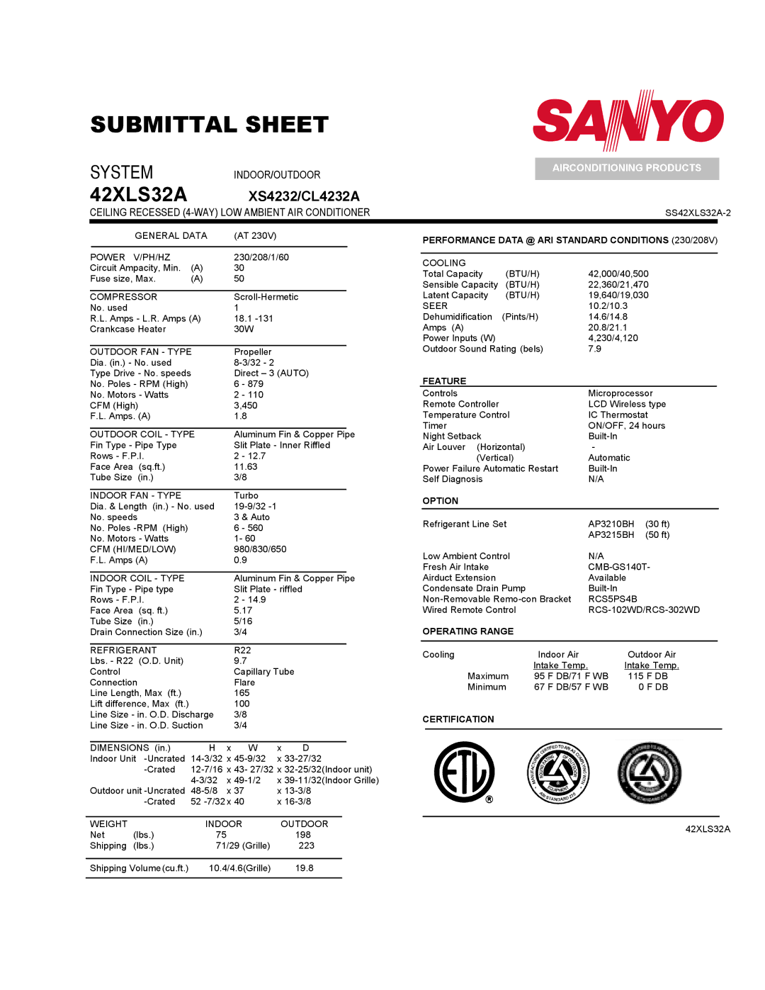 Sanyo 42XS32A dimensions 42XLS32A XS4232/CL4232A, Power V/PH/HZ 