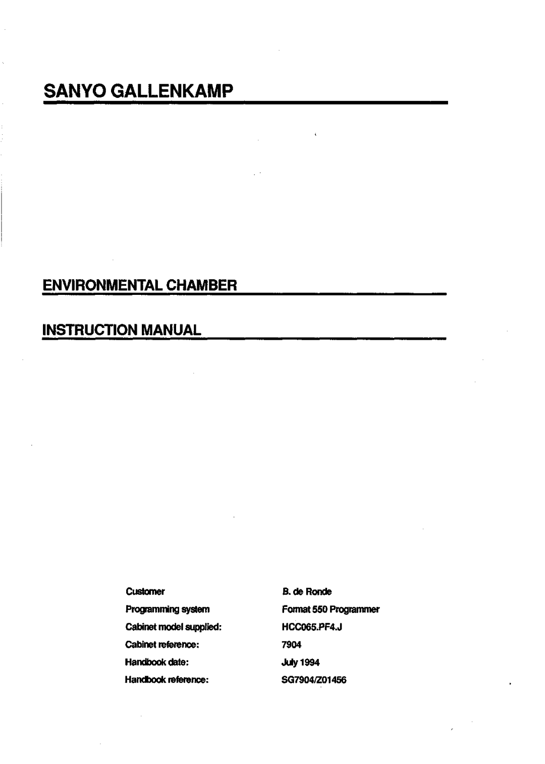 Sanyo 550 instruction manual Sanyo Gallenkamp, Environmental Chamber, Customer De Ronde Programming system 