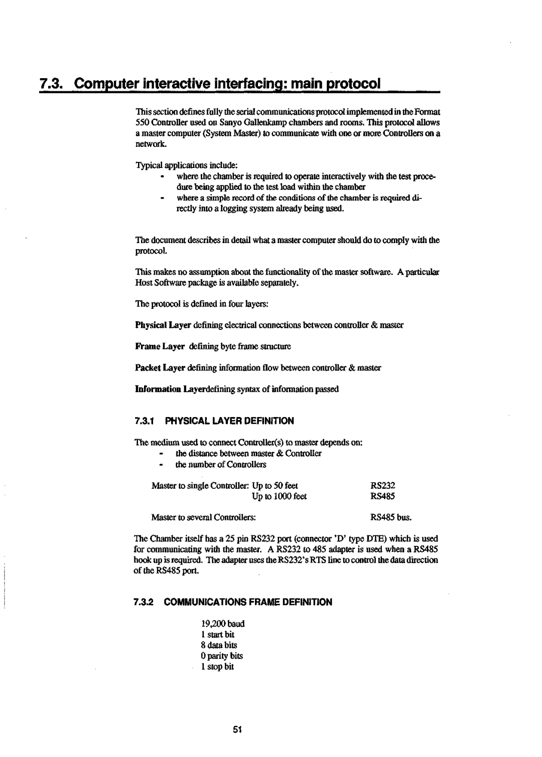 Sanyo 550 Computer interactive interfacing main protocol, Physical Layer Definition, Communications Frame Definition 