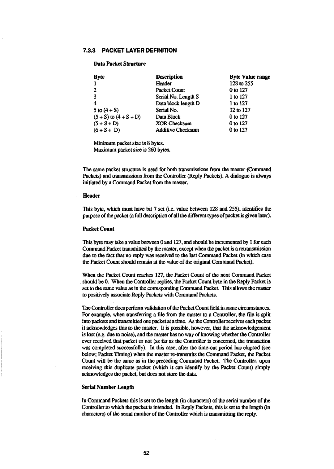 Sanyo 550 instruction manual Header, Packet Count, Serial Number Length 