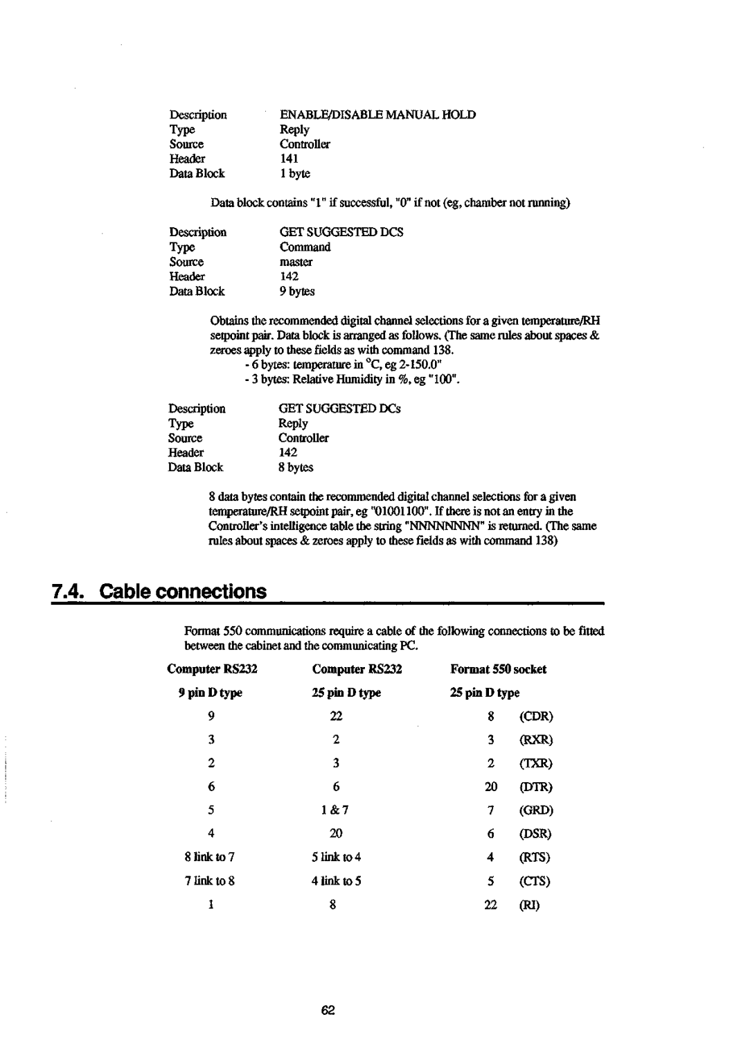 Sanyo instruction manual Cable connections, Computer RS232 Format 550 socket Pin D type, Cdr 