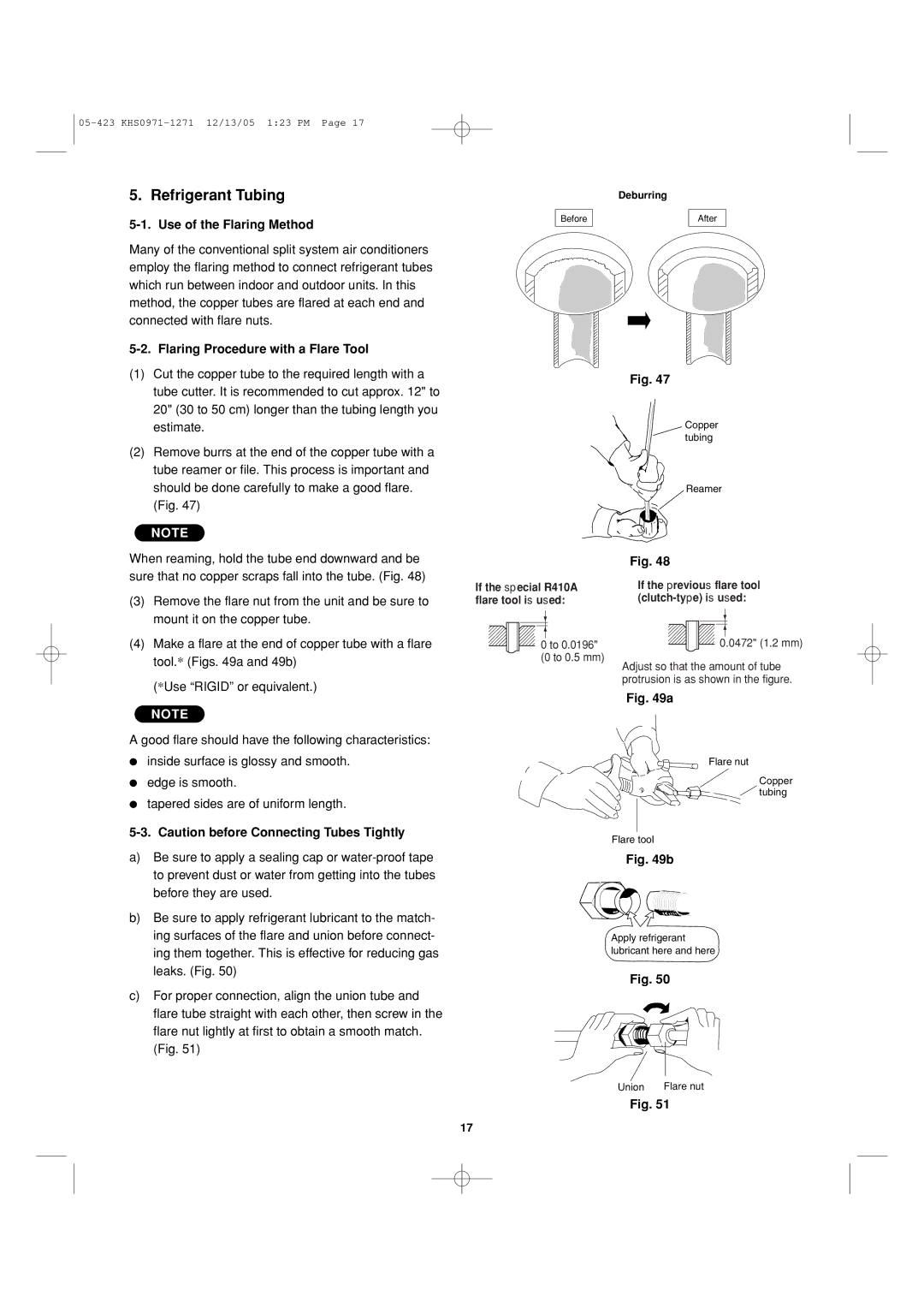 Sanyo 8.53E+13 installation instructions Refrigerant Tubing, Use of the Flaring Method, Flaring Procedure with a Flare Tool 