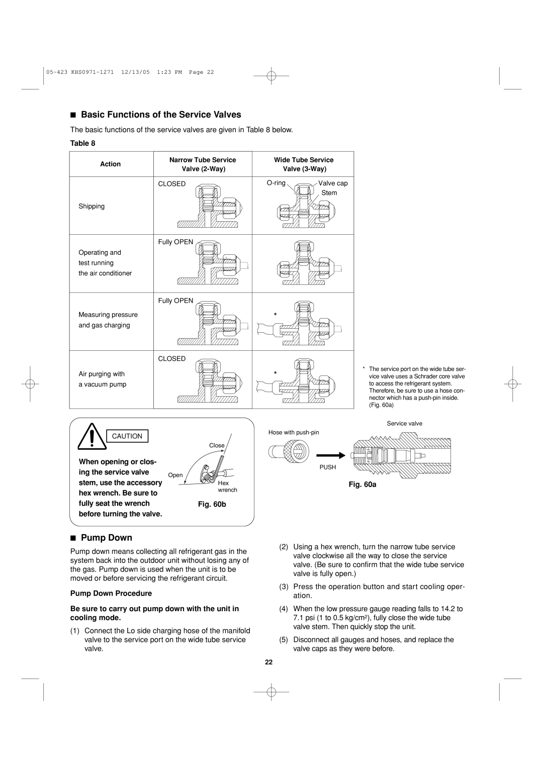 Sanyo 8.53E+13 installation instructions Basic Functions of the Service Valves, Pump Down 