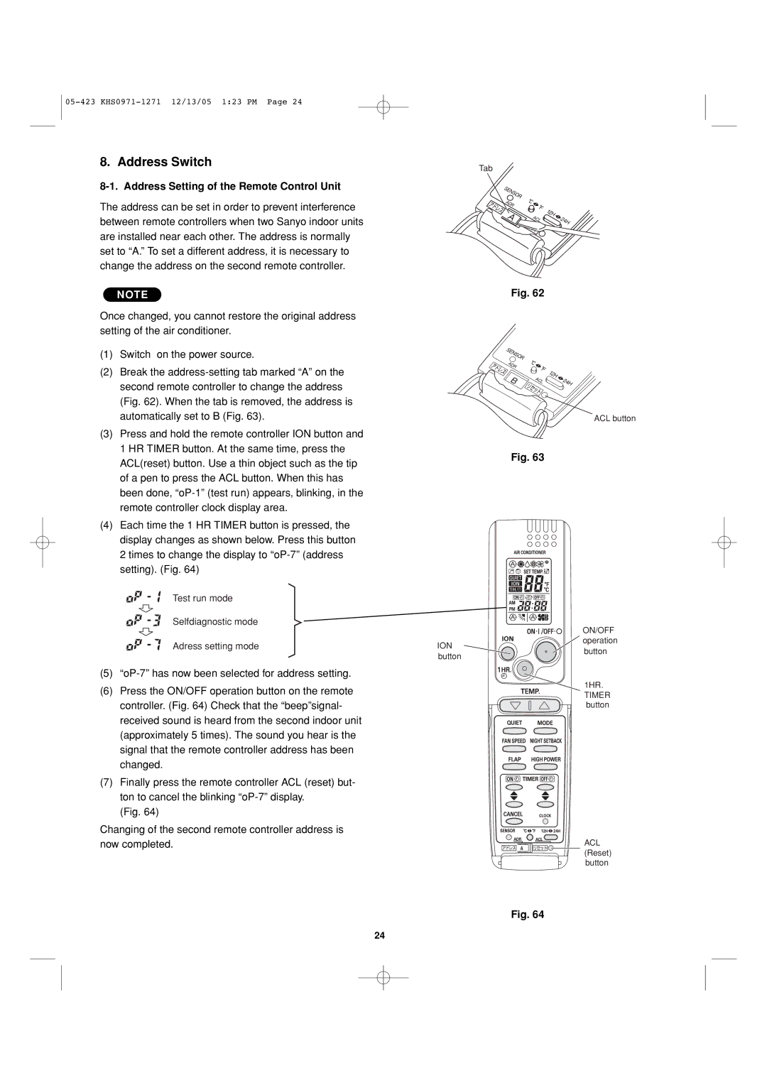 Sanyo 8.53E+13 installation instructions Address Switch, Address Setting of the Remote Control Unit 